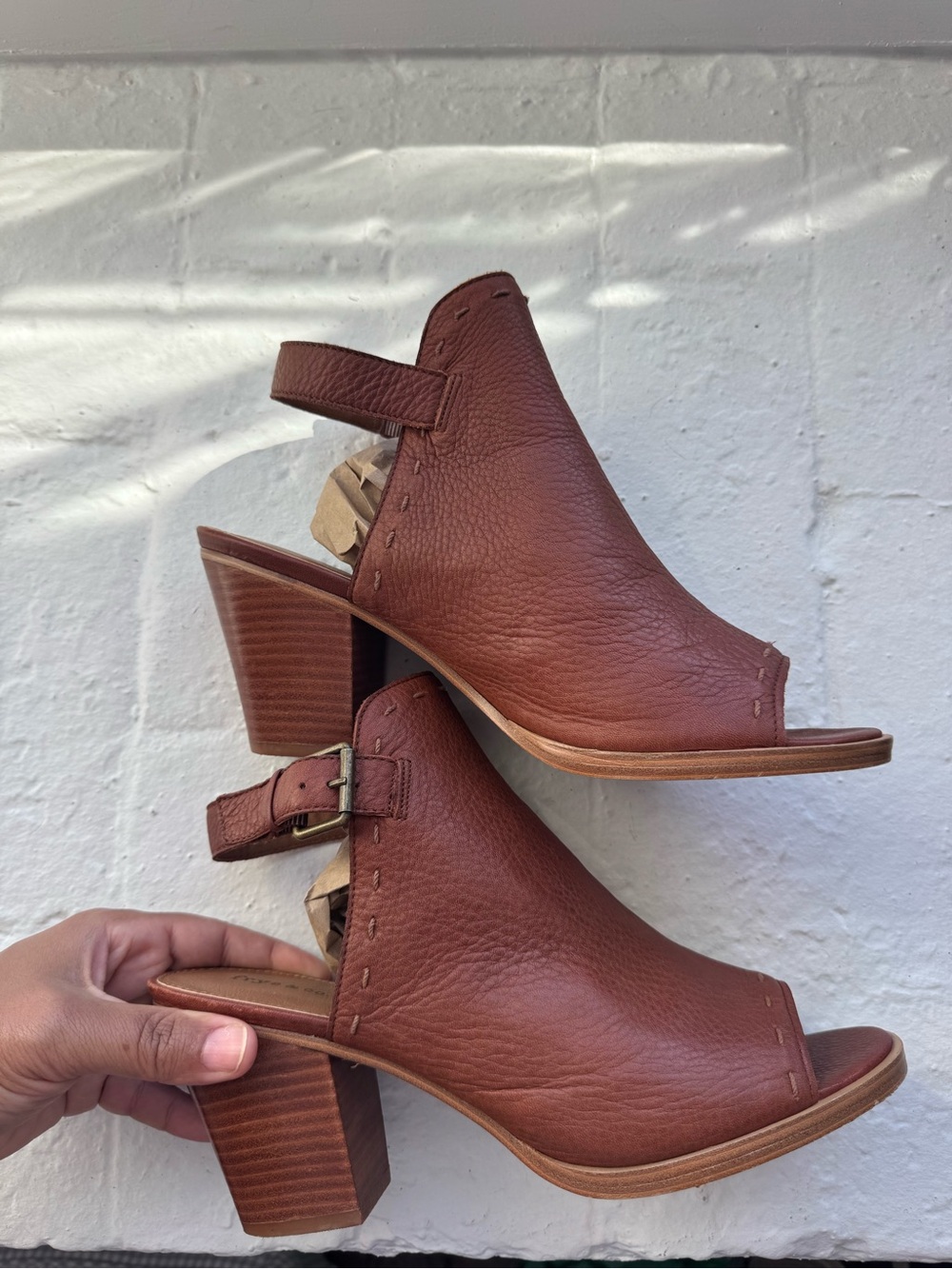 FRYE AND CO. Brown Open-Toe Leather Slingback Block Heels